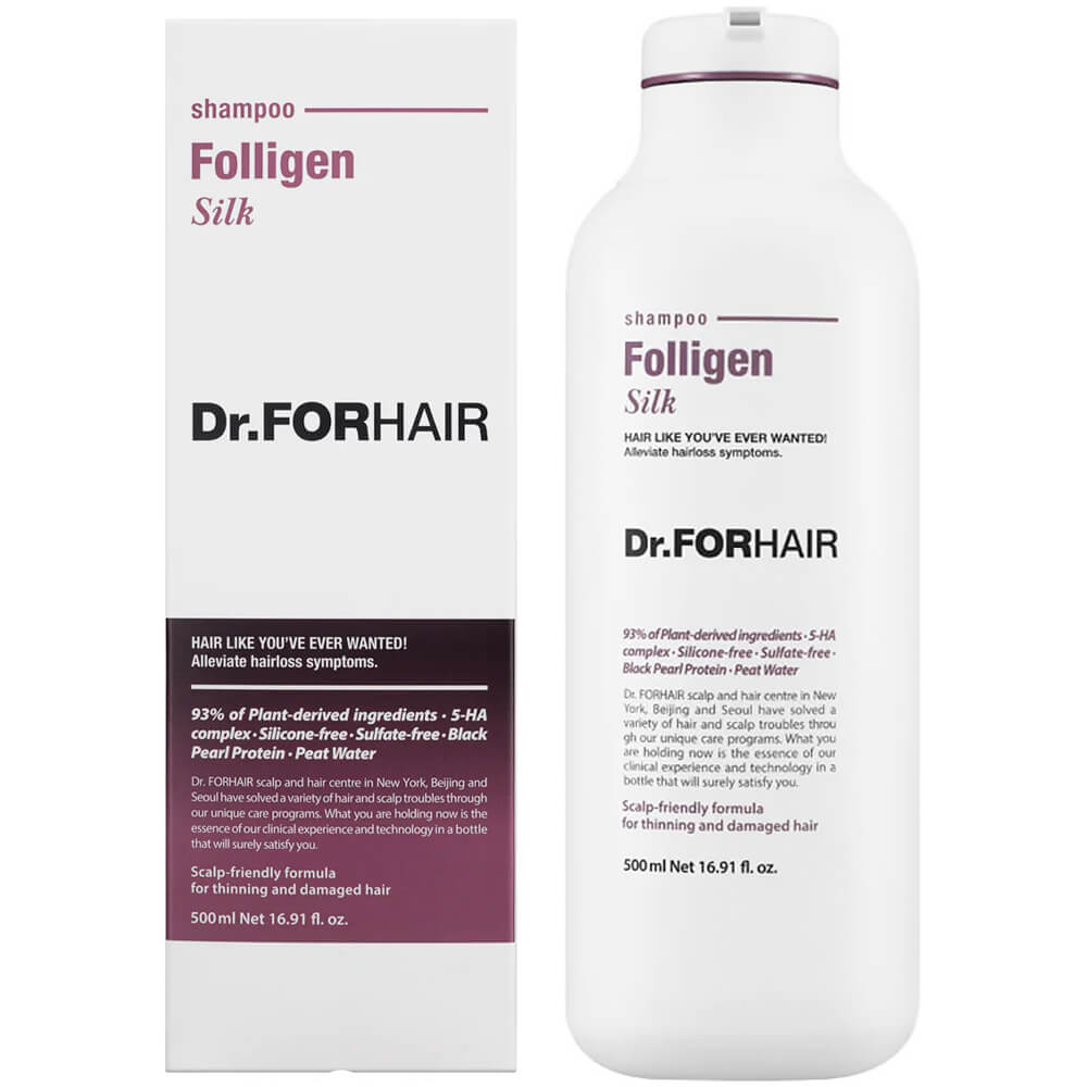 Фото бессульфатный шампунь для повреждённых волос dr.forhair folligen silk shampoo 500 мл в магазине корейской косметики Premium Korea