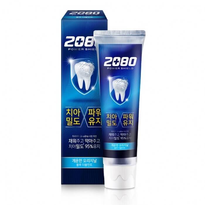 Фото зубная паста супер защита блю aekyung 2080 power shield blue double mint (голубая полоска) (120 гр) в магазине корейской косметики Premium Korea